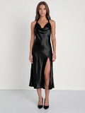 Black Satin Sheath Cowl Neck Bow Back Tea-Length Bridesmaid Dress with Bow - Curvevia