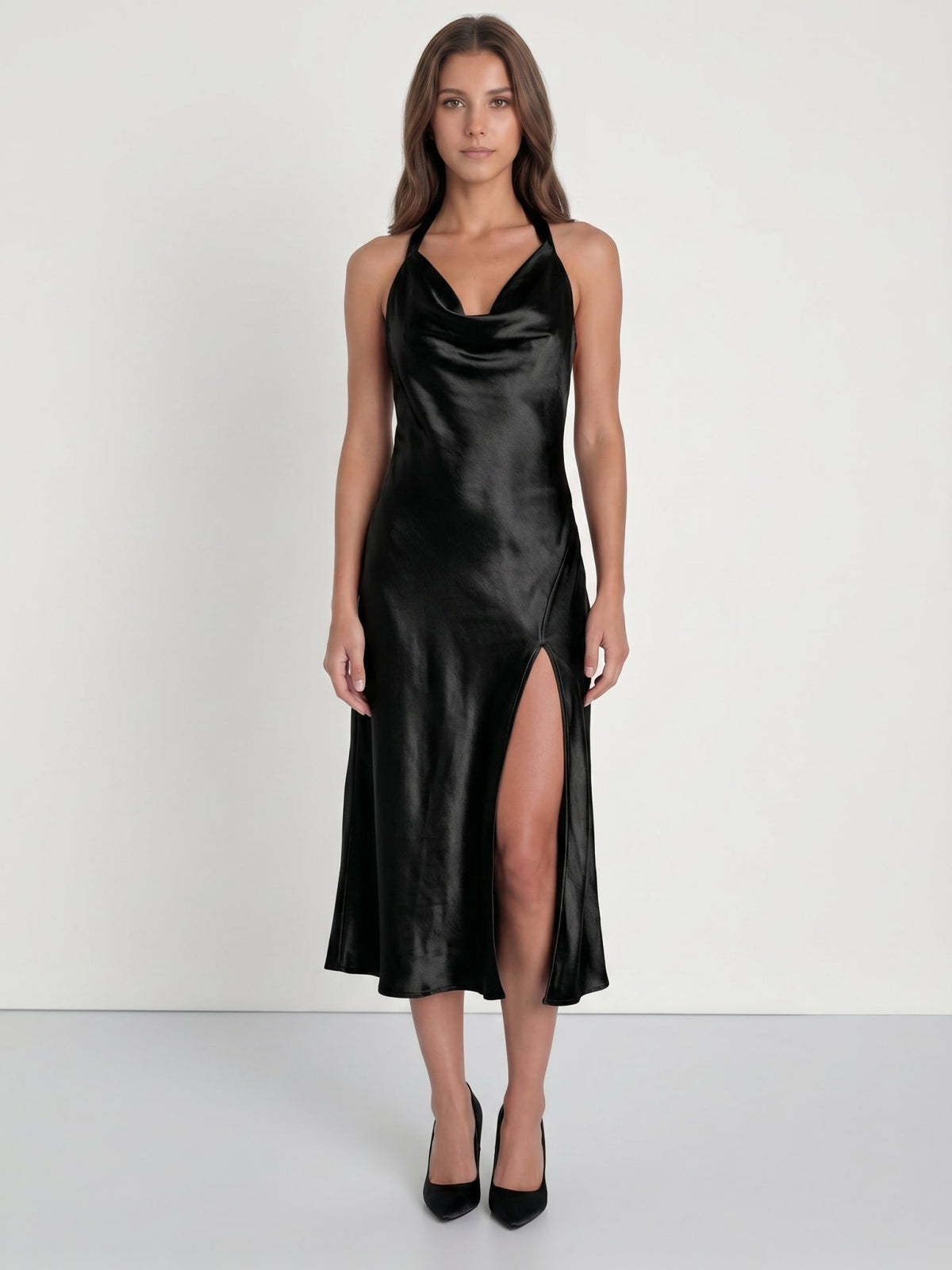 Black Satin Sheath Cowl Neck Bow Back Tea-Length Bridesmaid Dress with Bow - Curvevia