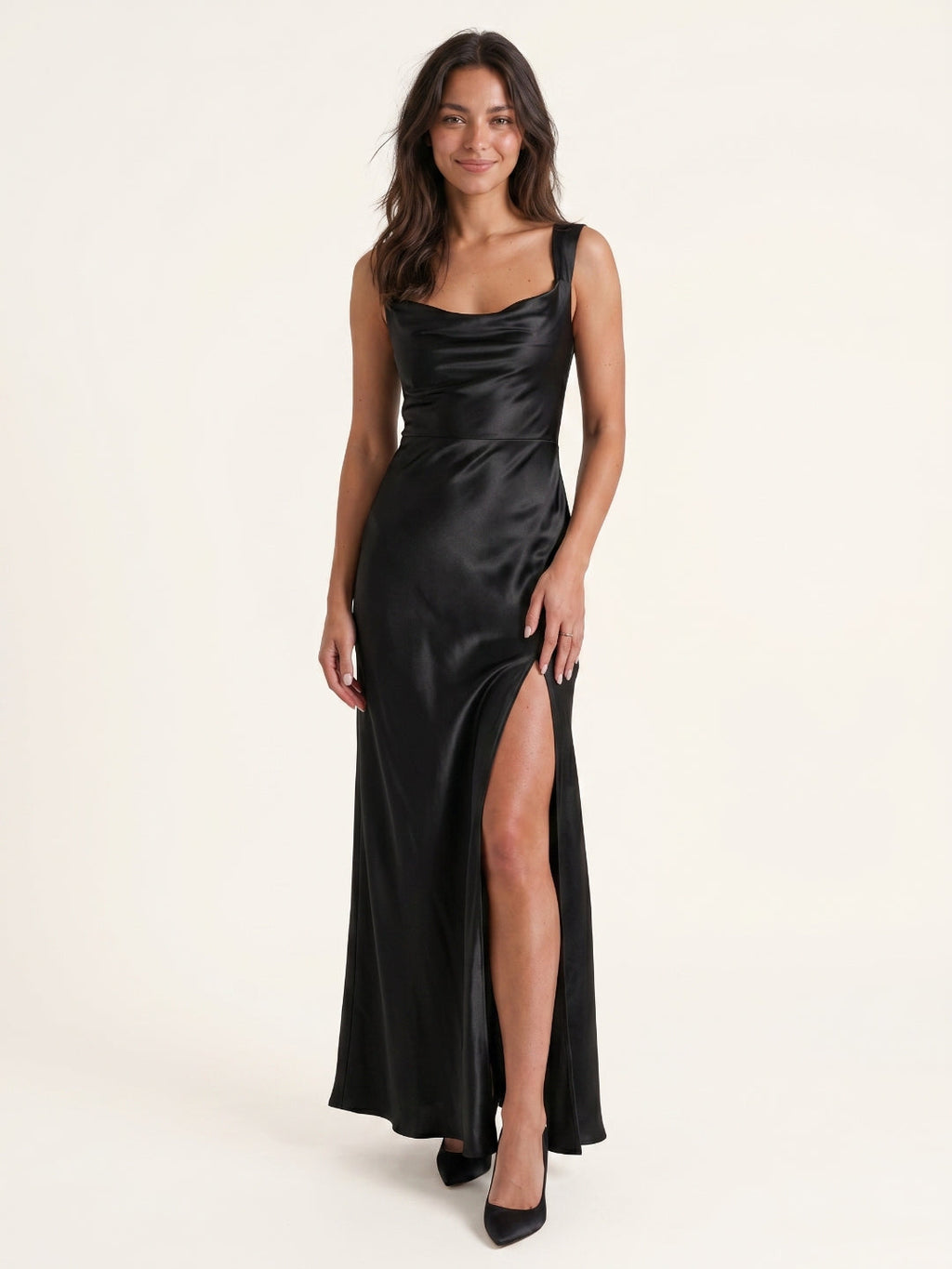 Black Satin Sheath Cowl Neck Lace-up Ankle-Length Bridesmaid Dress - Curvevia