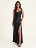 Black Satin Sheath Cowl Neck Lace-up Ankle-Length Bridesmaid Dress - Curvevia