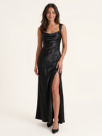Black Satin Sheath Cowl Neck Lace-up Ankle-Length Bridesmaid Dress - Curvevia