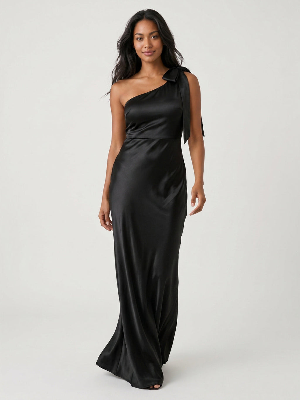 Black Satin Sheath One Shoulder Side Zip Floor-Length Bridesmaid Dress - Curvevia