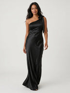 Black Satin Sheath One Shoulder Side Zip Floor-Length Bridesmaid Dress - Curvevia