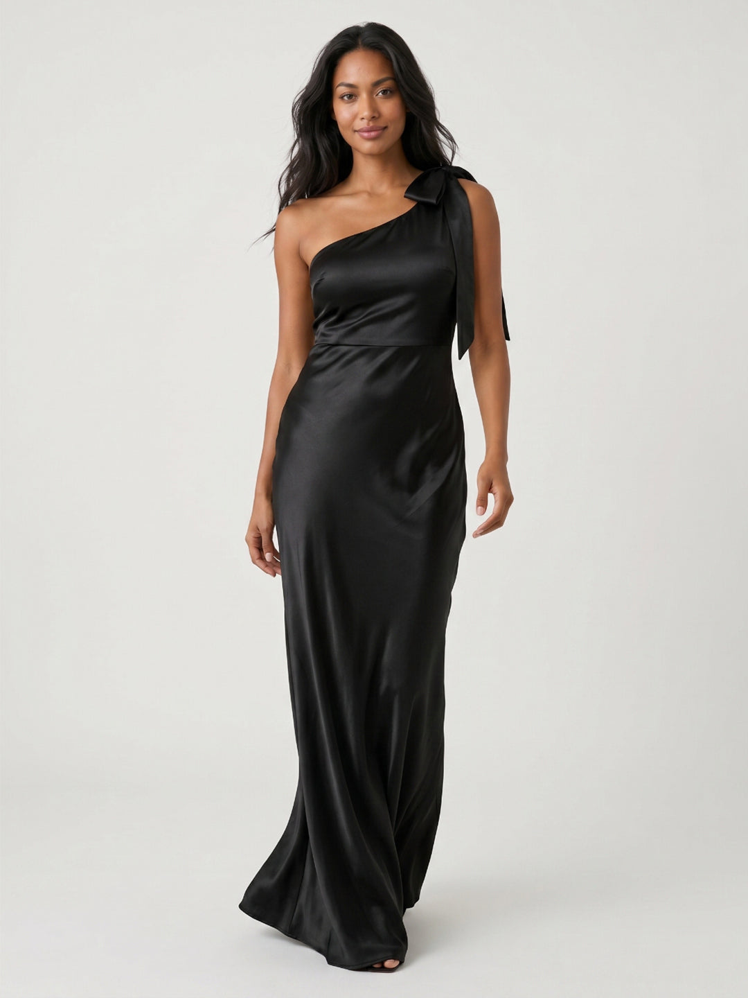 Black Satin Sheath One Shoulder Side Zip Floor-Length Bridesmaid Dress - Curvevia
