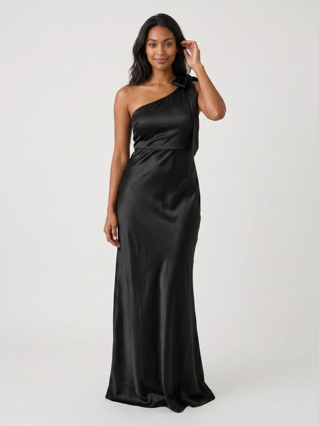 Black Satin Sheath One Shoulder Side Zip Floor-Length Bridesmaid Dress - Curvevia