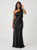 Black Satin Sheath One Shoulder Side Zip Floor-Length Bridesmaid Dress - Curvevia