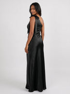 Black Satin Sheath One Shoulder Side Zip Floor-Length Bridesmaid Dress - Curvevia