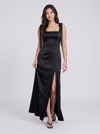 Black Satin Sheath Square Neck Backless Floor-Length Bridesmaid Dress - Curvevia