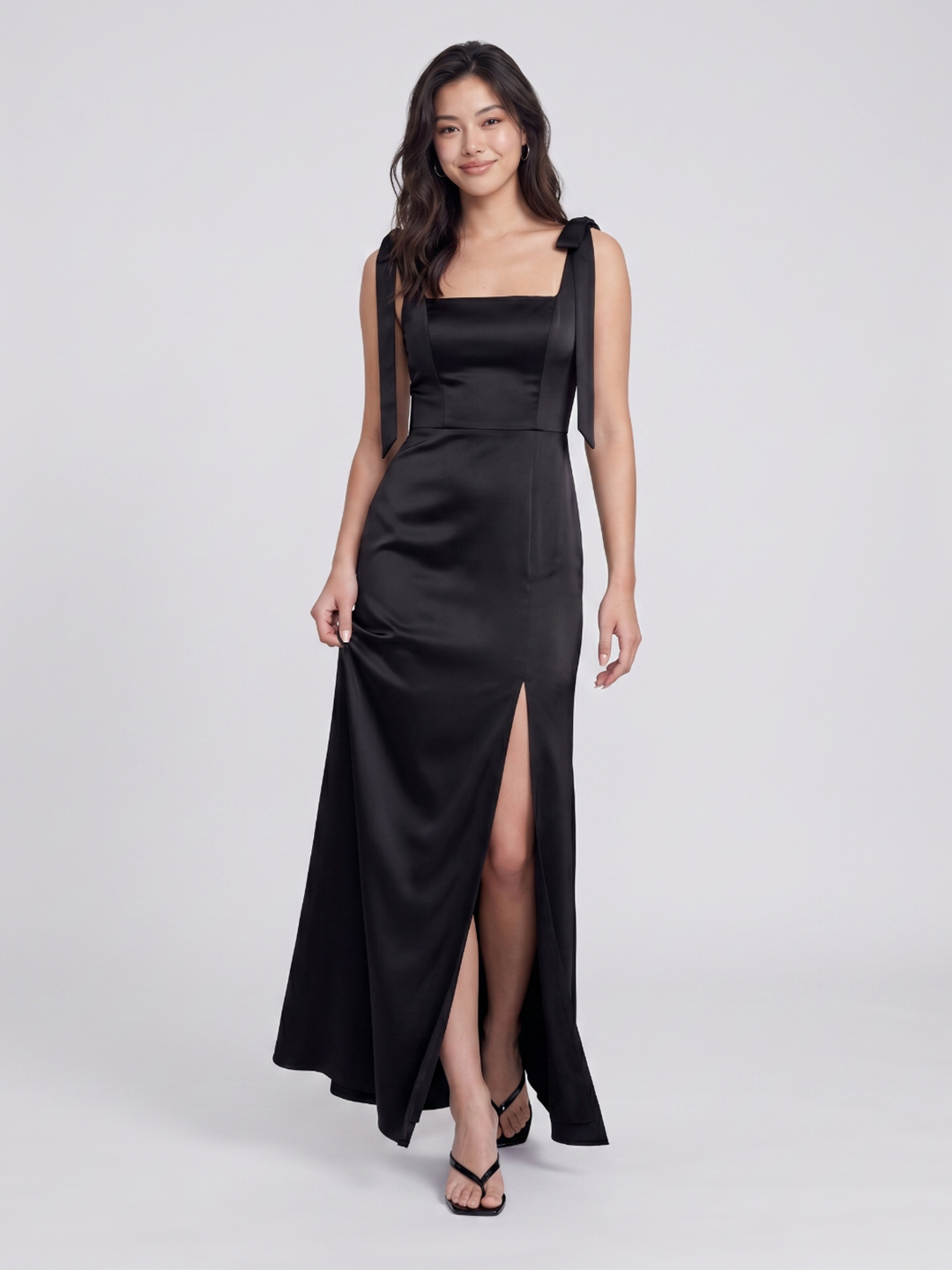 Black Satin Sheath Square Neck Backless Floor-Length Bridesmaid Dress - Curvevia