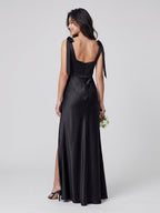 Black Satin Sheath Square Neck Backless Floor-Length Bridesmaid Dress - Curvevia