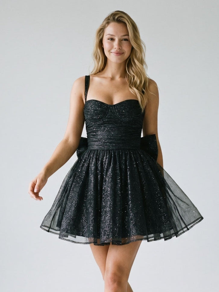 Black Sequin A-Line Sweetheart Backless Short Homecoming Dress with Bow - Curvevia