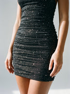 Black Sequin Sheath Halter Neckline Backless Short Homecoming Dress with Pleating - Curvevia