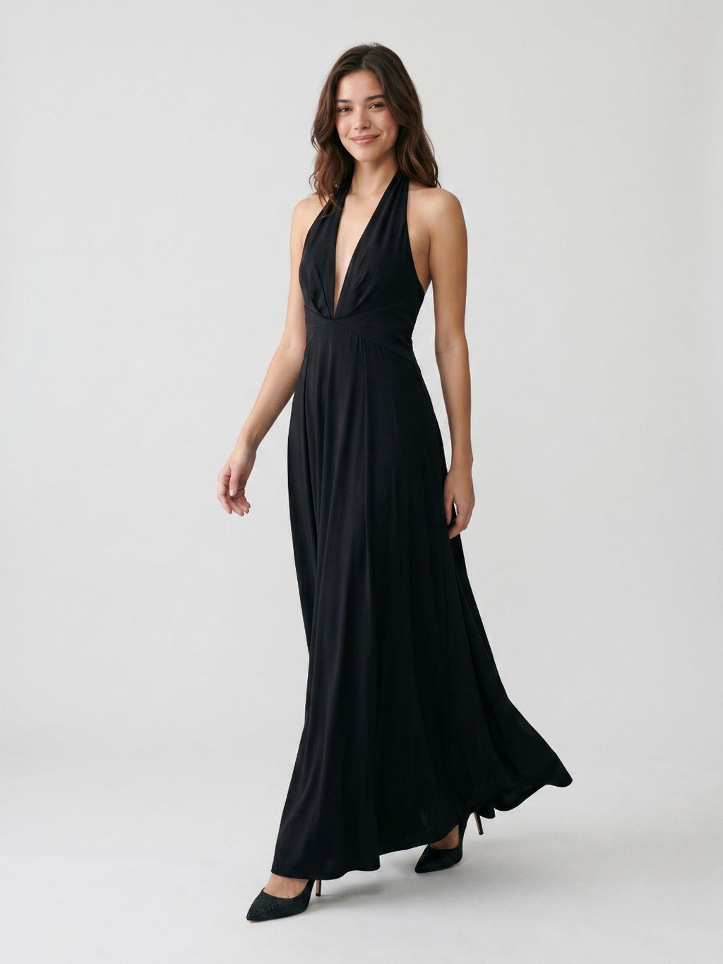 Black Stretch Knit A-Line Halter Neckline Side Zip Floor-Length Dress with Pleating - Curvevia