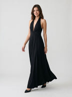 Black Stretch Knit A-Line Halter Neckline Side Zip Floor-Length Dress with Pleating - Curvevia