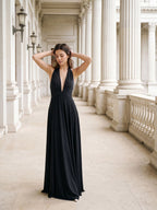 Black Stretch Knit A-Line Halter Neckline Side Zip Floor-Length Dress with Pleating - Curvevia