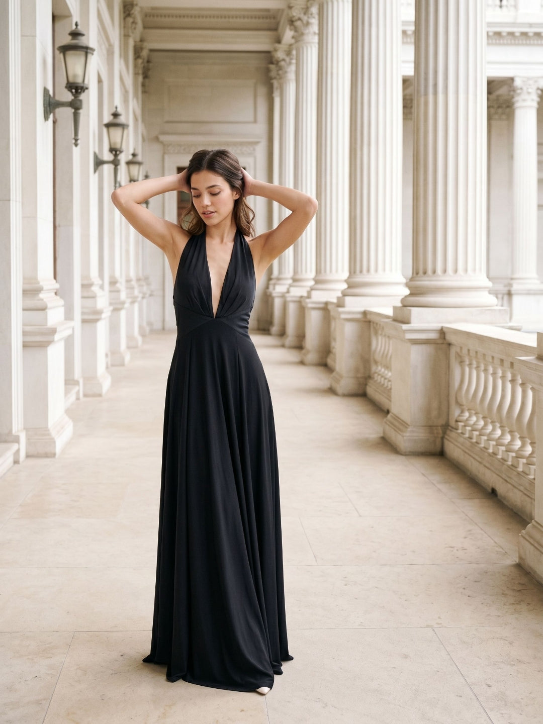 Black Stretch Knit A-Line Halter Neckline Side Zip Floor-Length Dress with Pleating - Curvevia