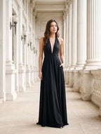 Black Stretch Knit A-Line Halter Neckline Side Zip Floor-Length Dress with Pleating - Curvevia