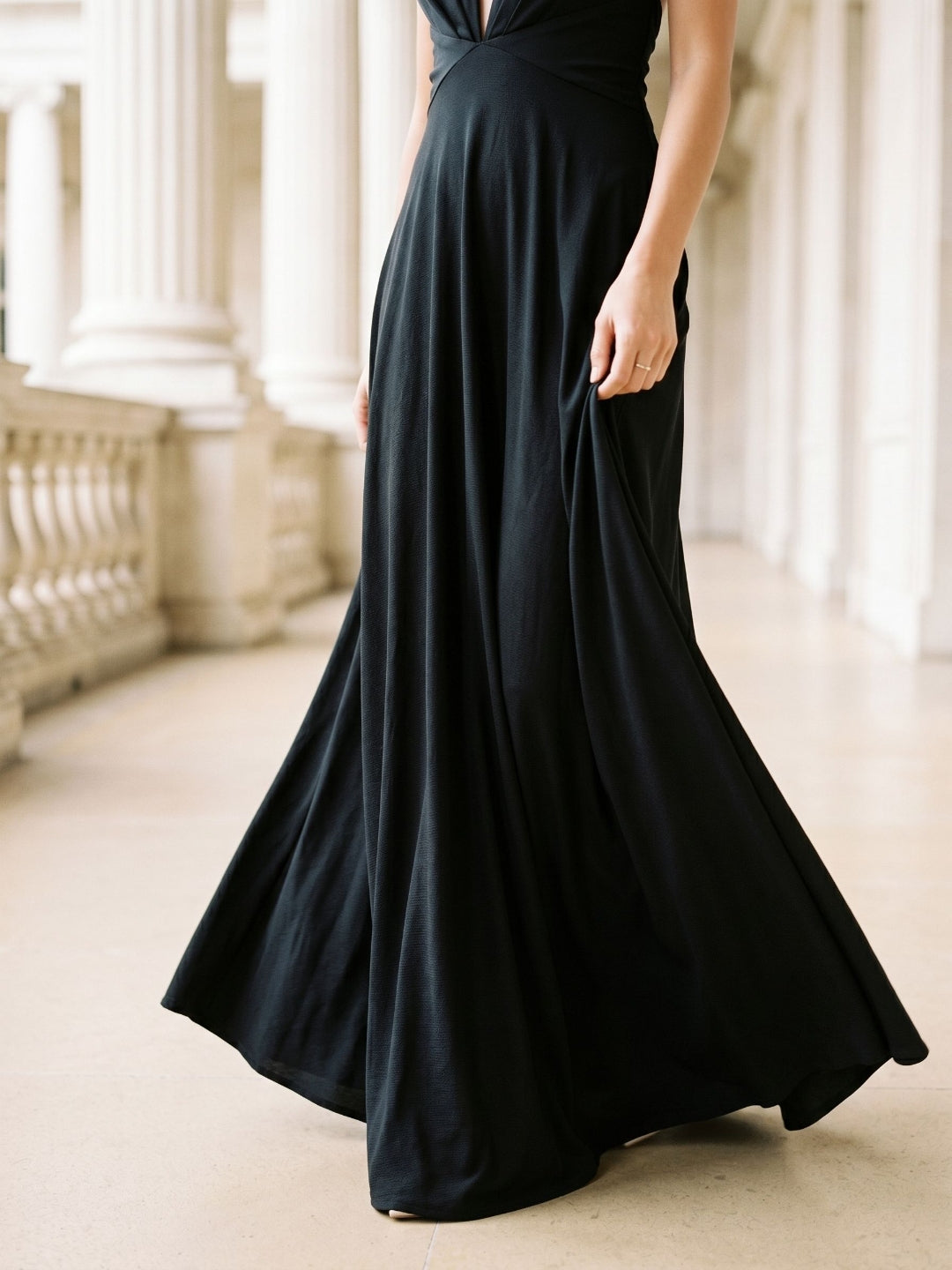 Black Stretch Knit A-Line Halter Neckline Side Zip Floor-Length Dress with Pleating - Curvevia