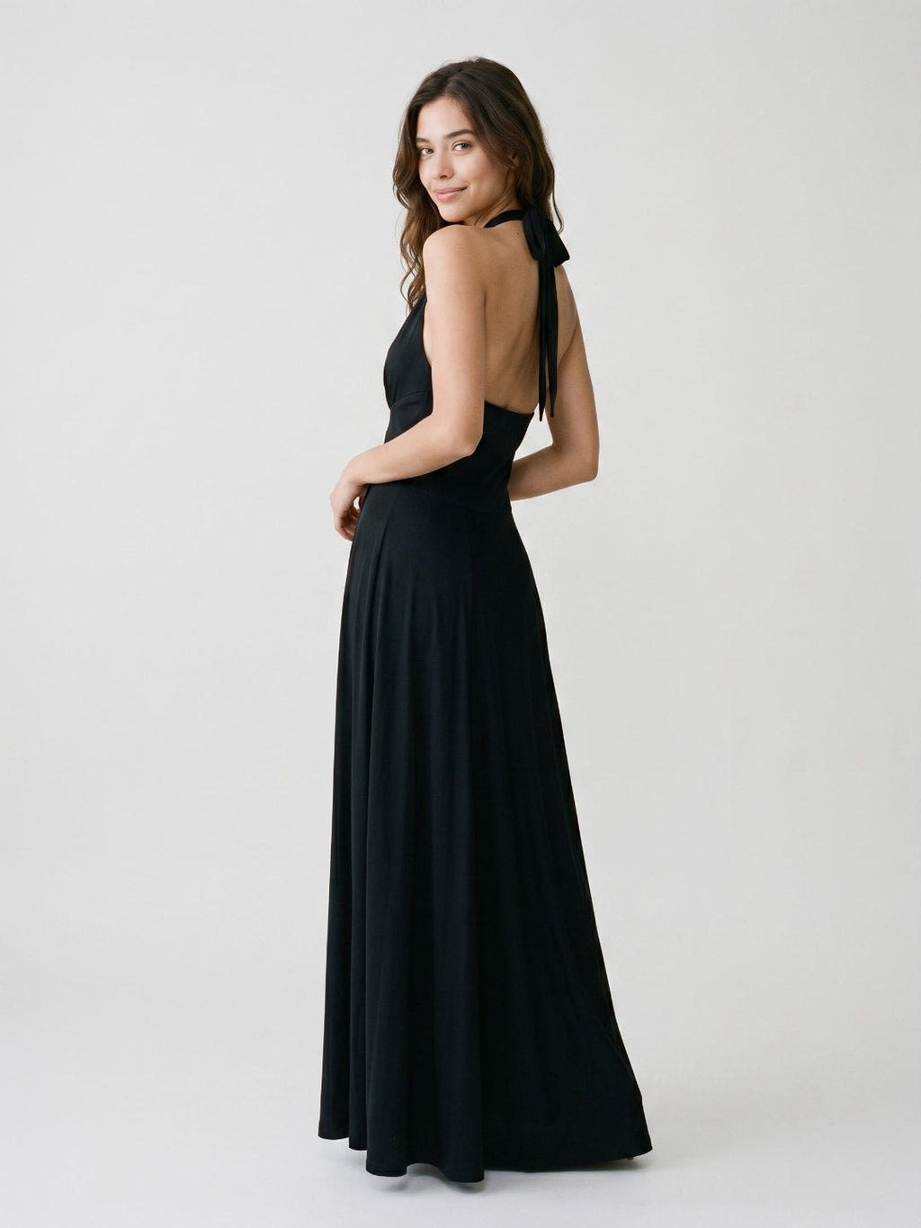 Black Stretch Knit A-Line Halter Neckline Side Zip Floor-Length Dress with Pleating - Curvevia