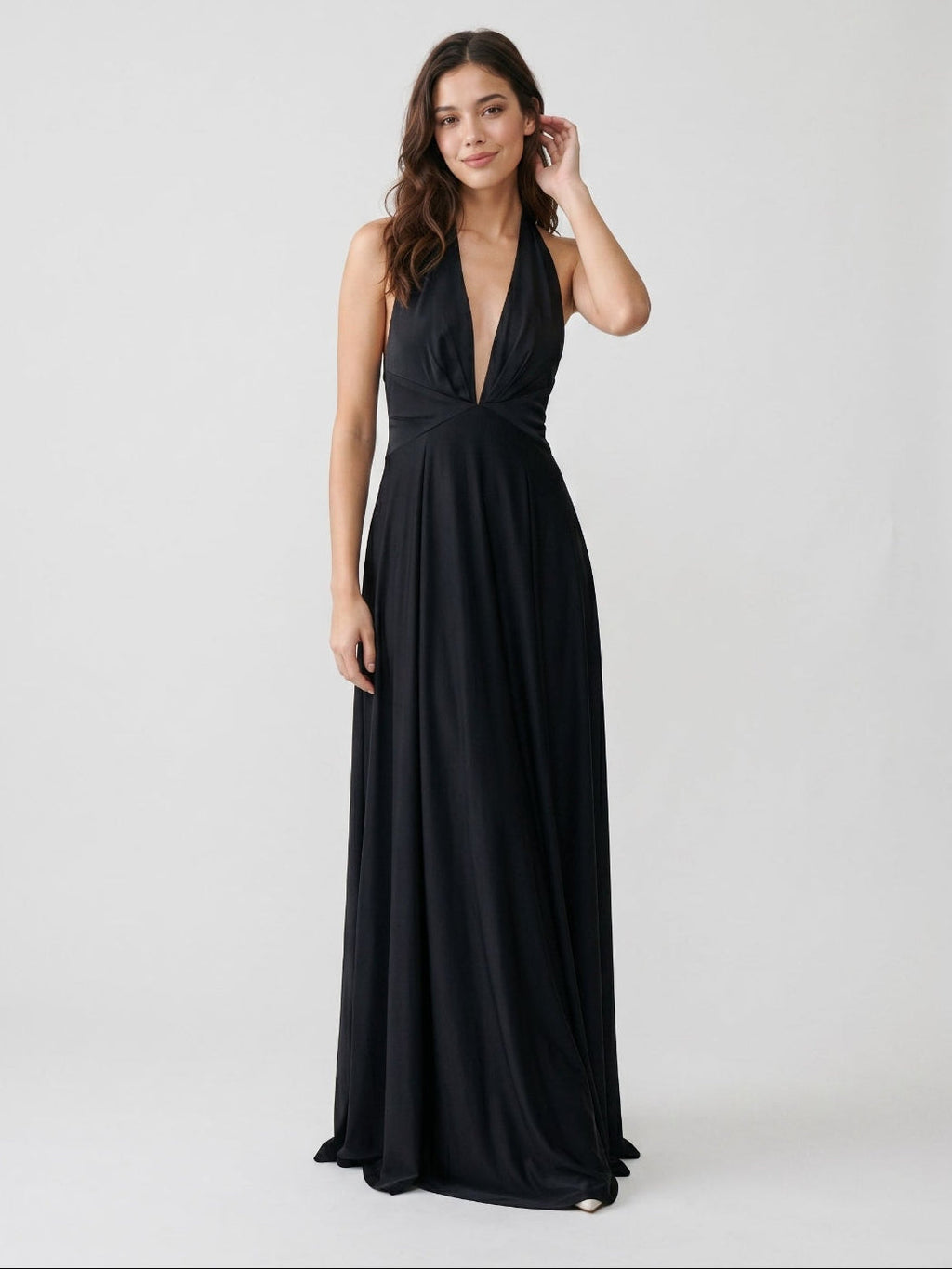 Black Stretch Knit A-Line Halter Neckline Side Zip Floor-Length Dress with Pleating - Curvevia