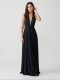 Black Stretch Knit A-Line Halter Neckline Side Zip Floor-Length Dress with Pleating - Curvevia