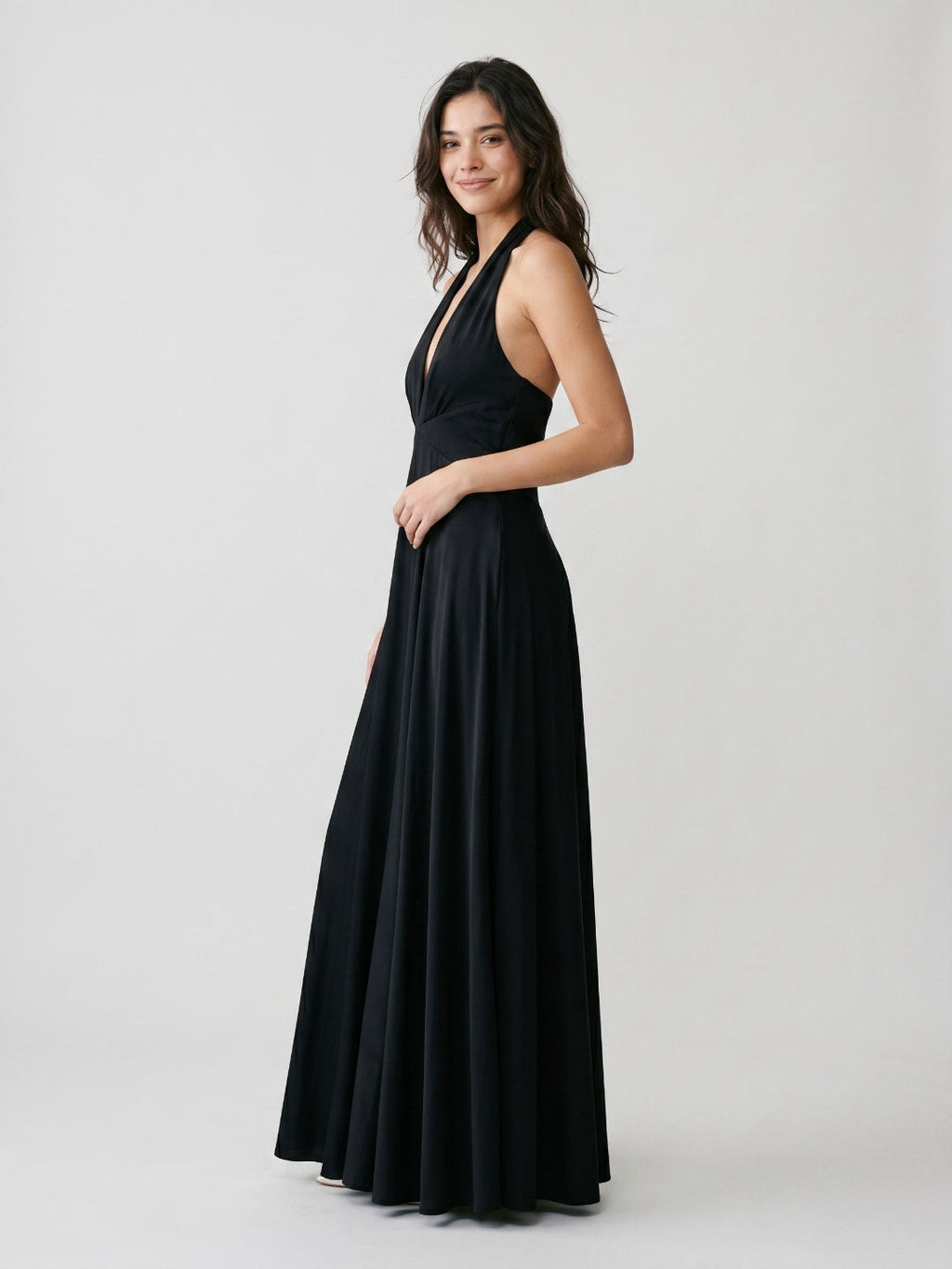 Black Stretch Knit A-Line Halter Neckline Side Zip Floor-Length Dress with Pleating - Curvevia