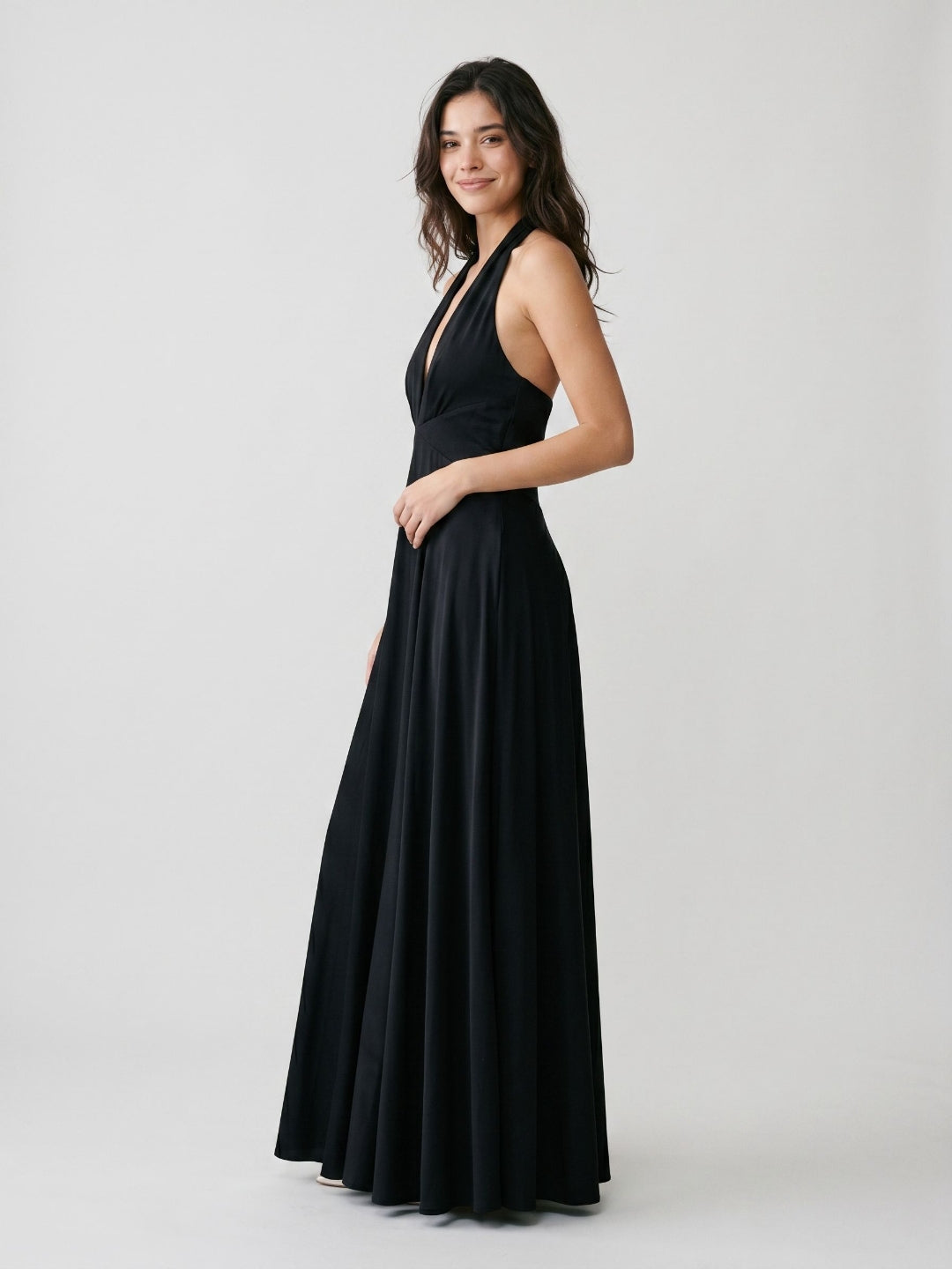 Black Stretch Knit A-Line Halter Neckline Side Zip Floor-Length Dress with Pleating - Curvevia