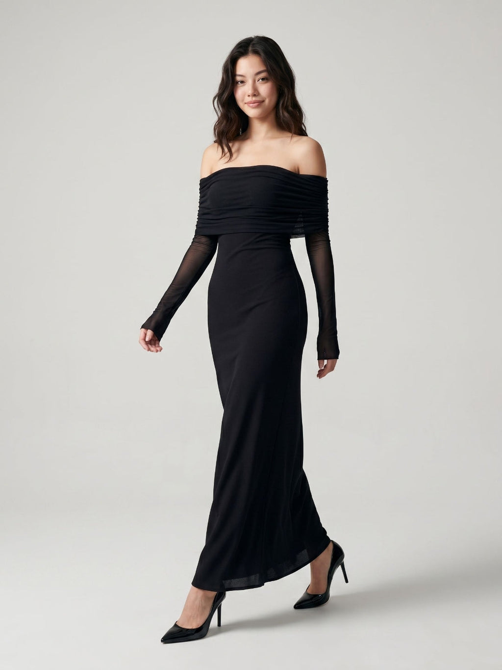 Black Stretch Knit A-Line Off-the-Shoulder Floor-Length Dress - Curvevia