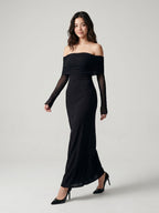 Black Stretch Knit A-Line Off-the-Shoulder Floor-Length Dress - Curvevia