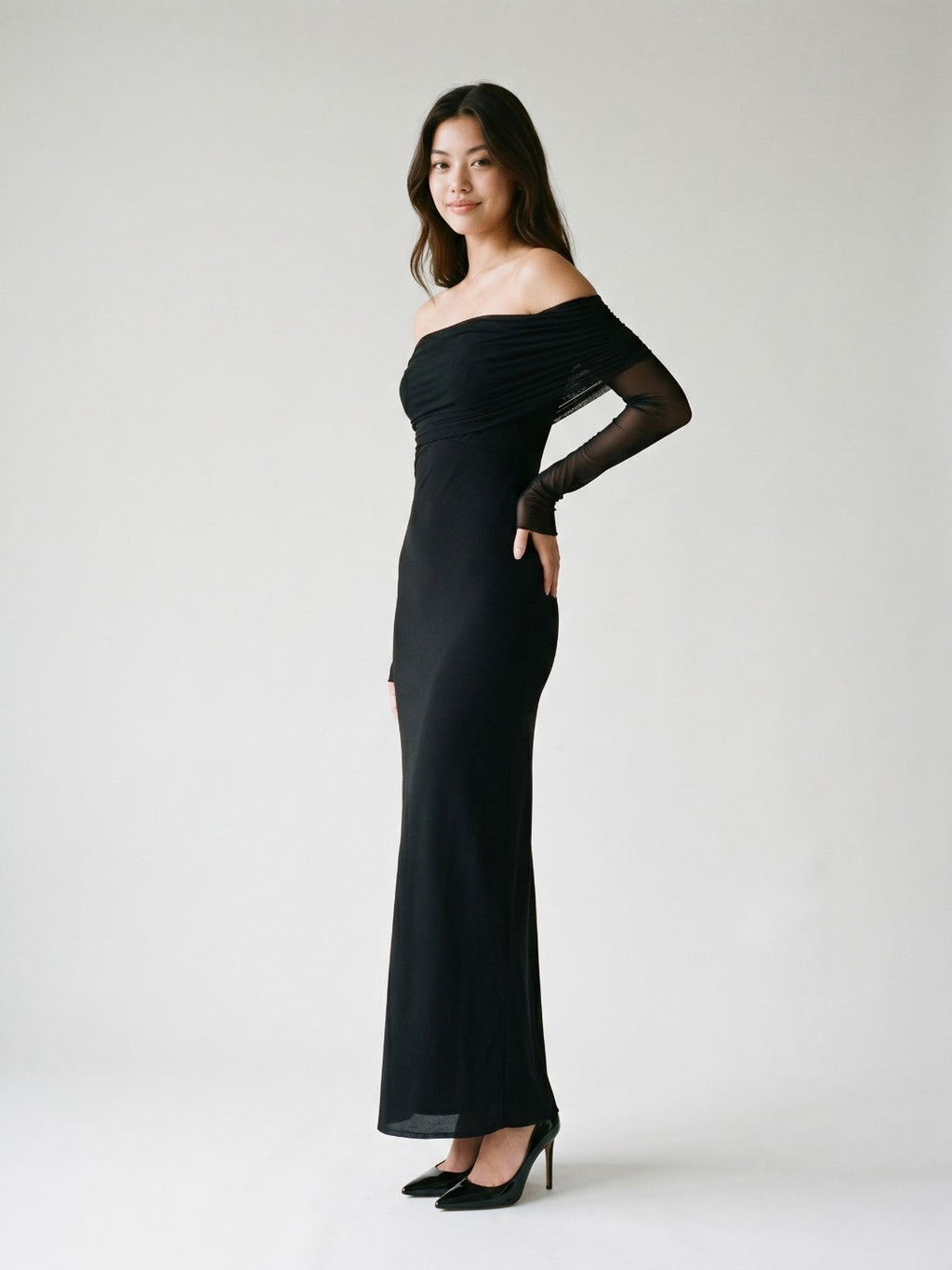 Black Stretch Knit A-Line Off-the-Shoulder Floor-Length Dress - Curvevia