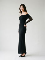 Black Stretch Knit A-Line Off-the-Shoulder Floor-Length Dress - Curvevia