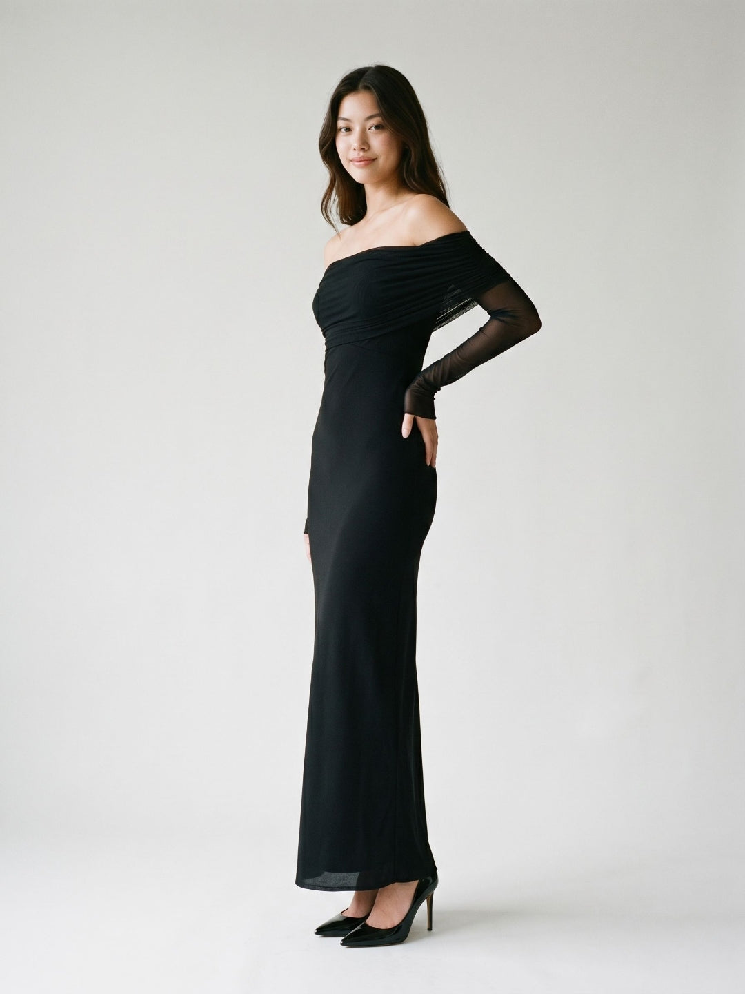 Black Stretch Knit A-Line Off-the-Shoulder Floor-Length Dress - Curvevia
