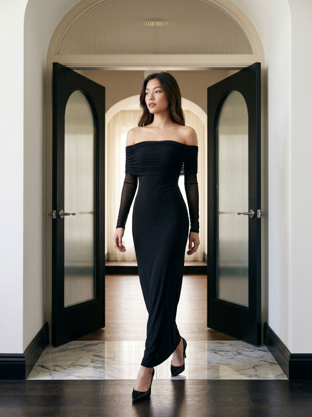 Black Stretch Knit A-Line Off-the-Shoulder Floor-Length Dress - Curvevia