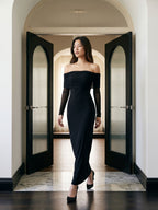 Black Stretch Knit A-Line Off-the-Shoulder Floor-Length Dress - Curvevia