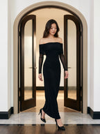 Black Stretch Knit A-Line Off-the-Shoulder Floor-Length Dress - Curvevia