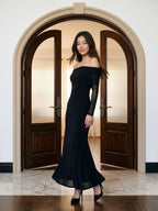 Black Stretch Knit A-Line Off-the-Shoulder Floor-Length Dress - Curvevia