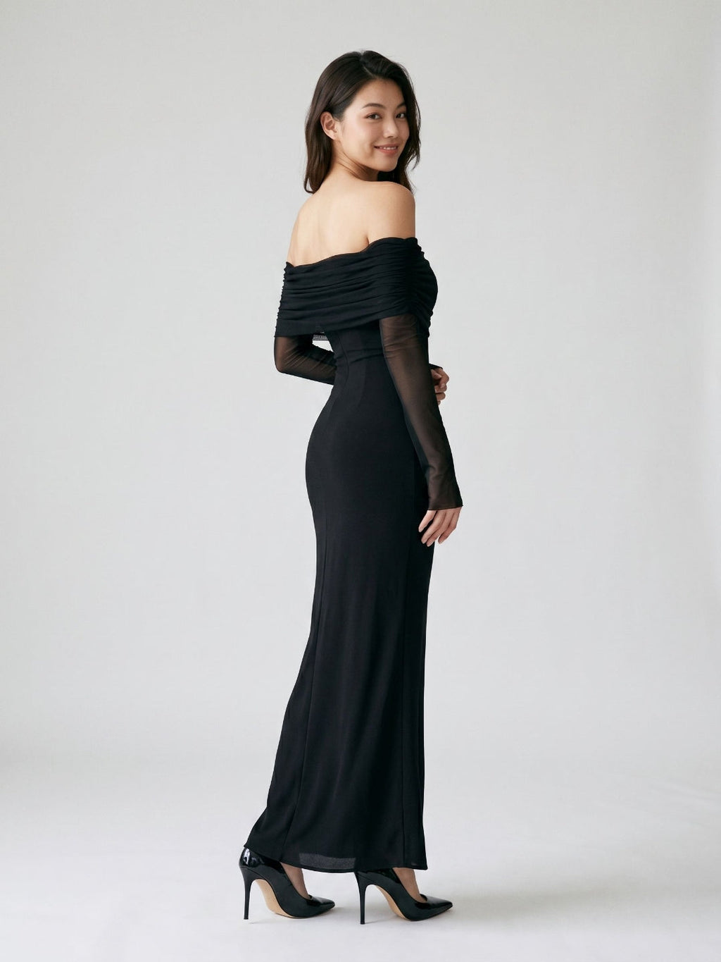 Black Stretch Knit A-Line Off-the-Shoulder Floor-Length Dress - Curvevia