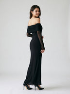 Black Stretch Knit A-Line Off-the-Shoulder Floor-Length Dress - Curvevia