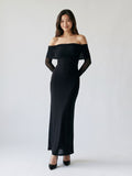 Black Stretch Knit A-Line Off-the-Shoulder Floor-Length Dress - Curvevia