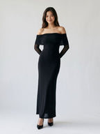 Black Stretch Knit A-Line Off-the-Shoulder Floor-Length Dress - Curvevia
