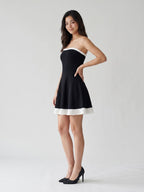 Black Stretch Knit A-Line Straight Neck Back Zip Short Dress with Pleating - Curvevia