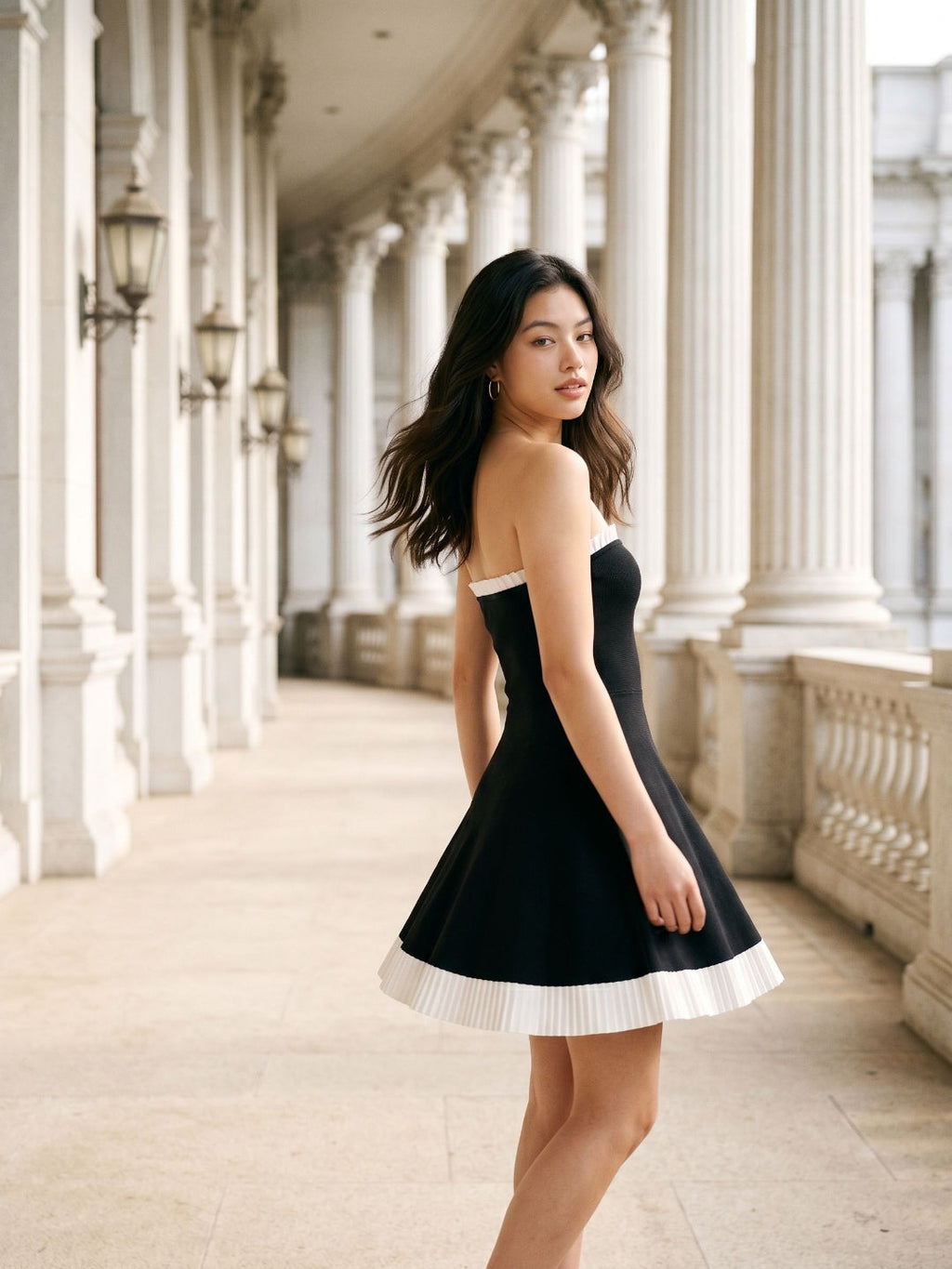 Black Stretch Knit A-Line Straight Neck Back Zip Short Dress with Pleating - Curvevia