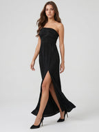 Black Stretch Knit Column Off-the-Shoulder Backless Floor-Length Pleated Bridesmaid Dress - Curvevia