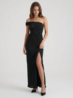 Black Stretch Knit Column Off-the-Shoulder Backless Floor-Length Pleated Bridesmaid Dress - Curvevia