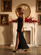 Black Stretch Knit Column Off-the-Shoulder Backless Floor-Length Pleated Bridesmaid Dress - Curvevia