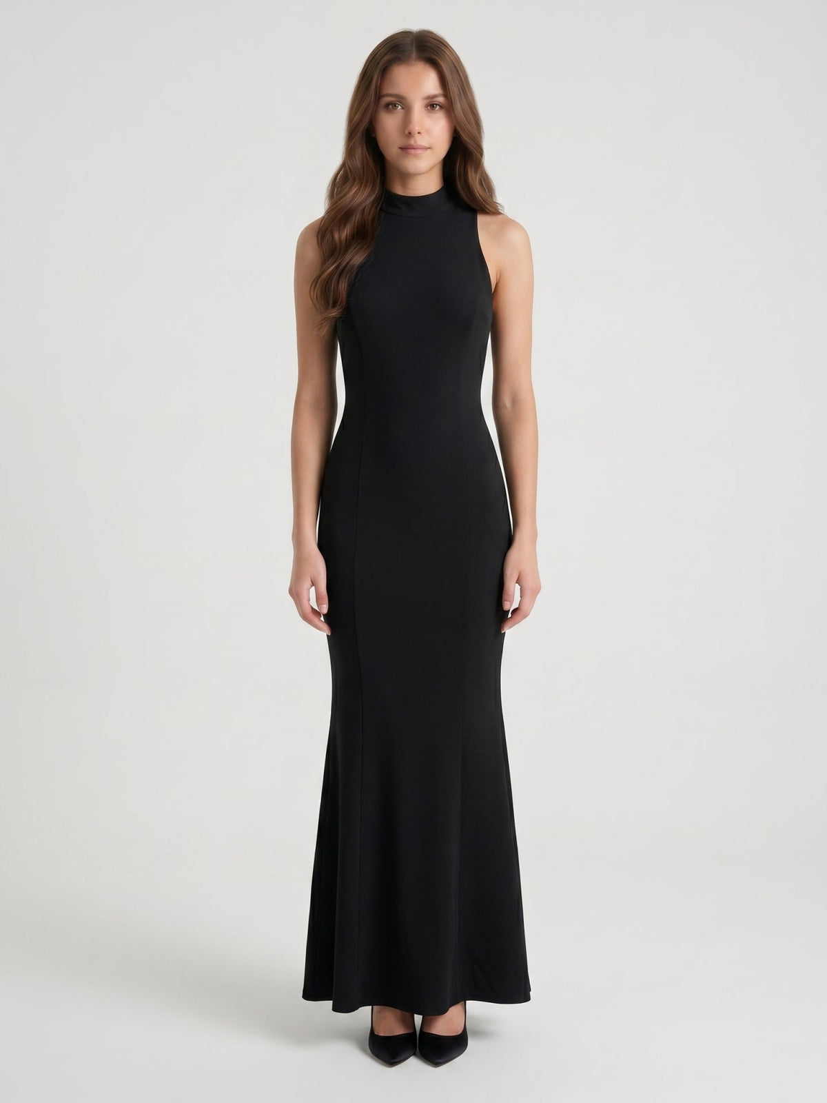 Black Stretch Knit Mermaid Scoop Neck Backless Floor-Length Bridesmaid Dress - Curvevia