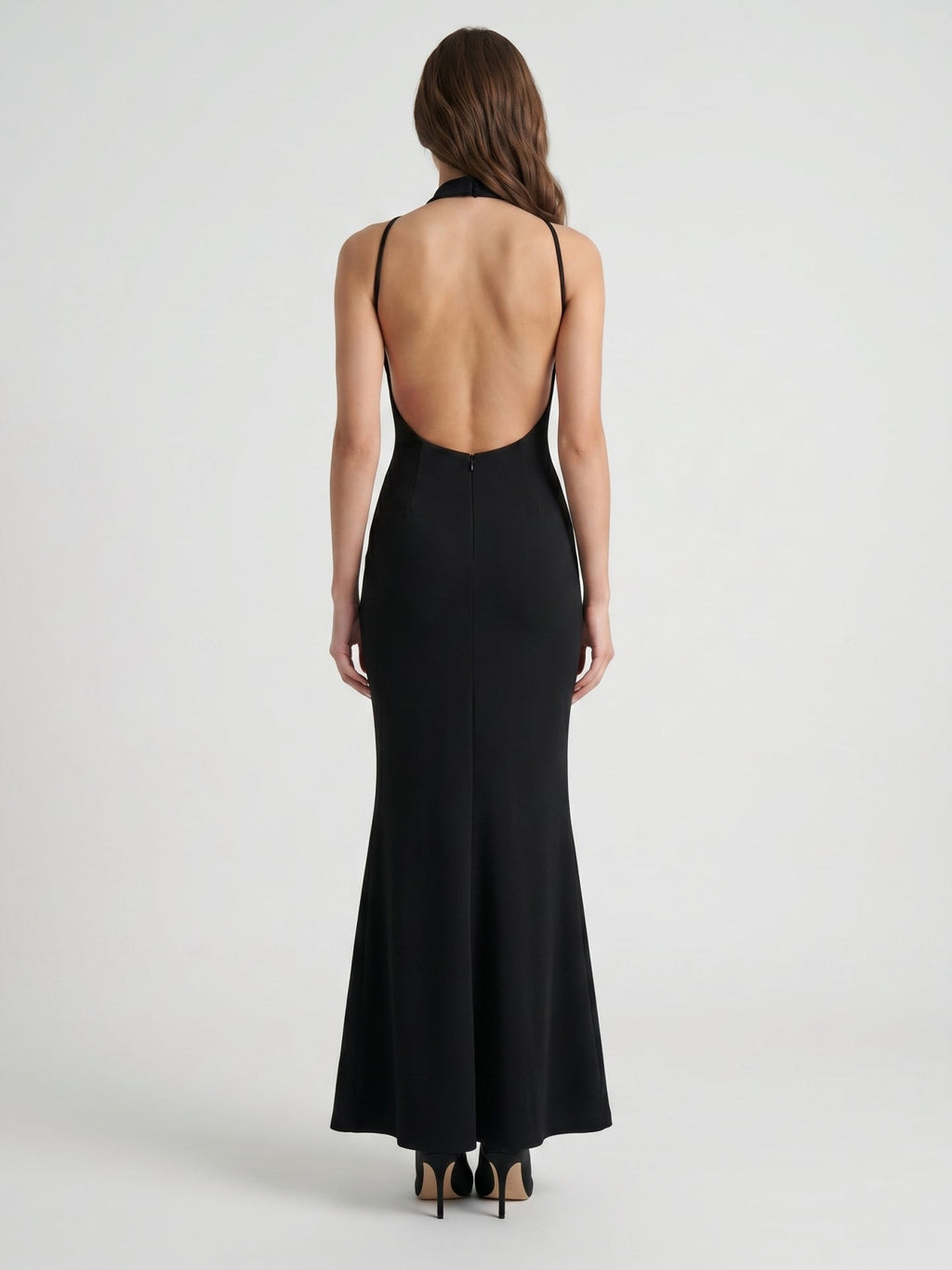 Black Stretch Knit Mermaid Scoop Neck Backless Floor-Length Bridesmaid Dress - Curvevia