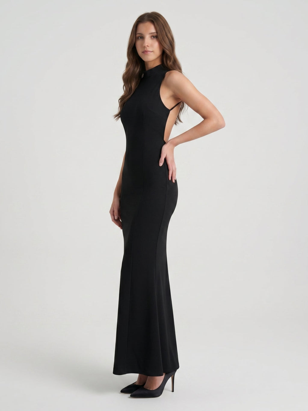 Black Stretch Knit Mermaid Scoop Neck Backless Floor-Length Bridesmaid Dress - Curvevia
