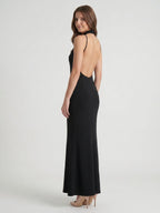 Black Stretch Knit Mermaid Scoop Neck Backless Floor-Length Bridesmaid Dress - Curvevia