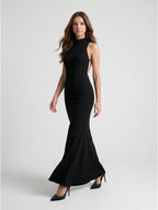 Black Stretch Knit Mermaid Scoop Neck Backless Floor-Length Bridesmaid Dress - Curvevia